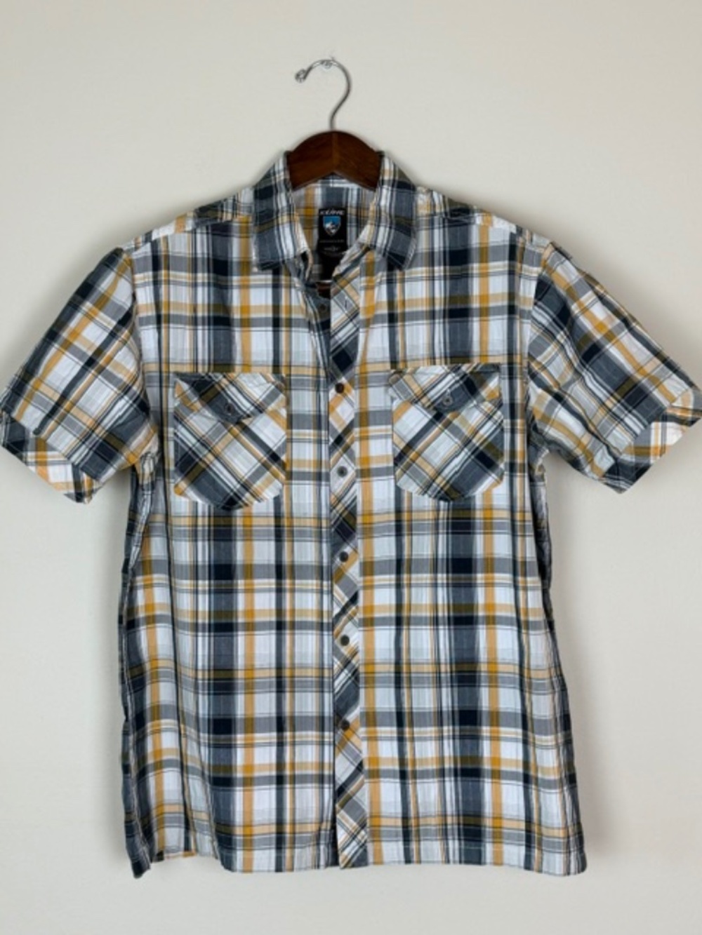 Kuhl Suncel Plaid Short Sleeve Button Up Shirt Men's Large Yellow Black White